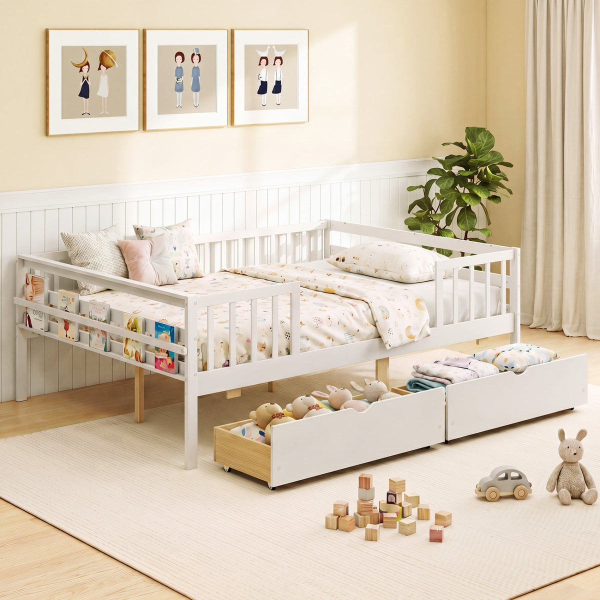 Full Size Daybed with Fence and 2 Drawers for Boys and Girls-Trundle Bed Frame-DECOROLALA