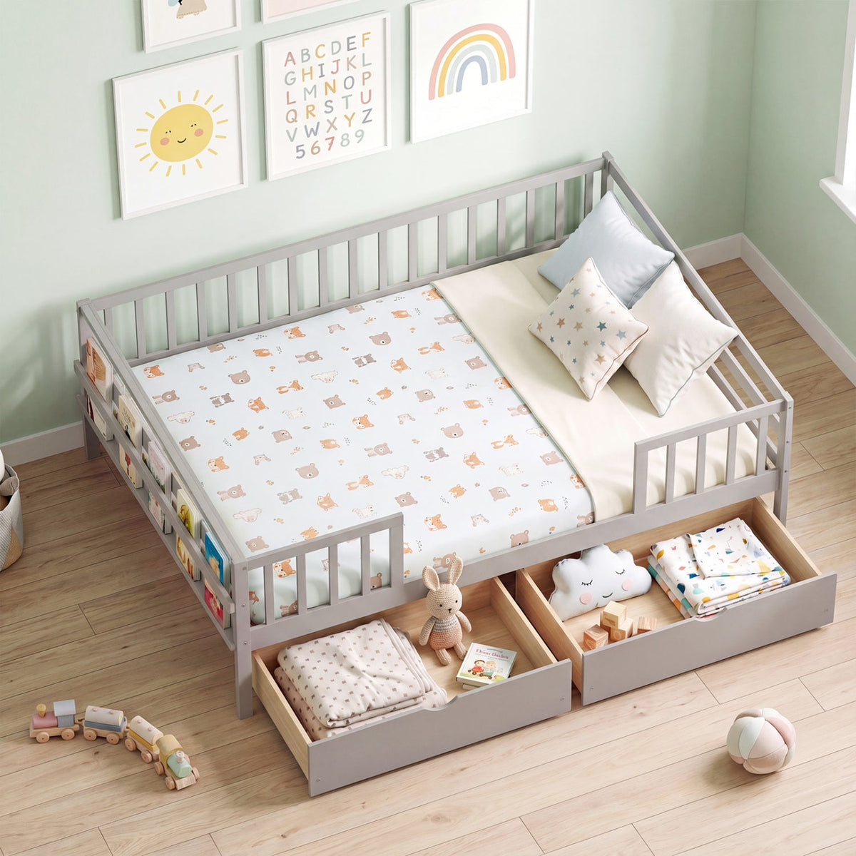 Full Size Daybed with Fence and 2 Drawers for Boys and Girls-Trundle Bed Frame-DECOROLALA