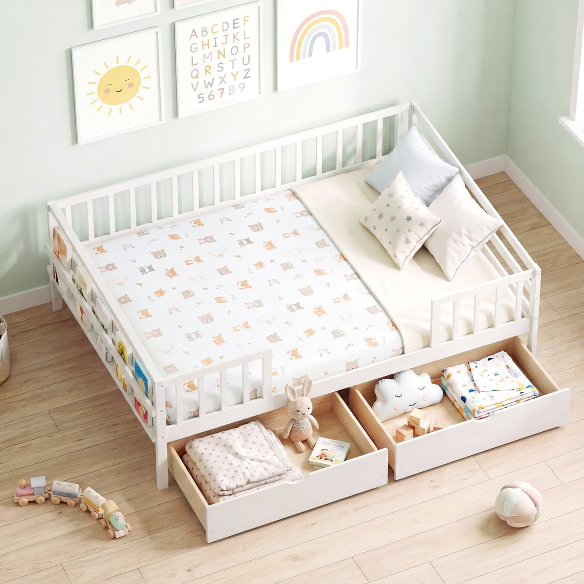 Full Size Daybed with Fence and 2 Drawers for Boys and Girls-Trundle Bed Frame-DECOROLALA