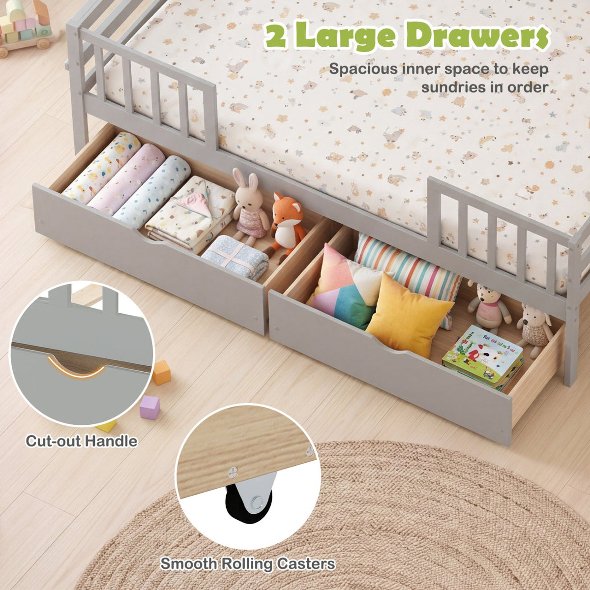 Full Size Daybed with Fence and 2 Drawers for Boys and Girls-Trundle Bed Frame-DECOROLALA