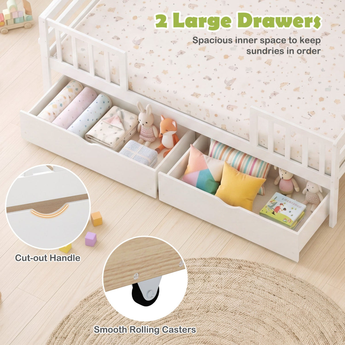 Full Size Daybed with Fence and 2 Drawers for Boys and Girls-Trundle Bed Frame-DECOROLALA