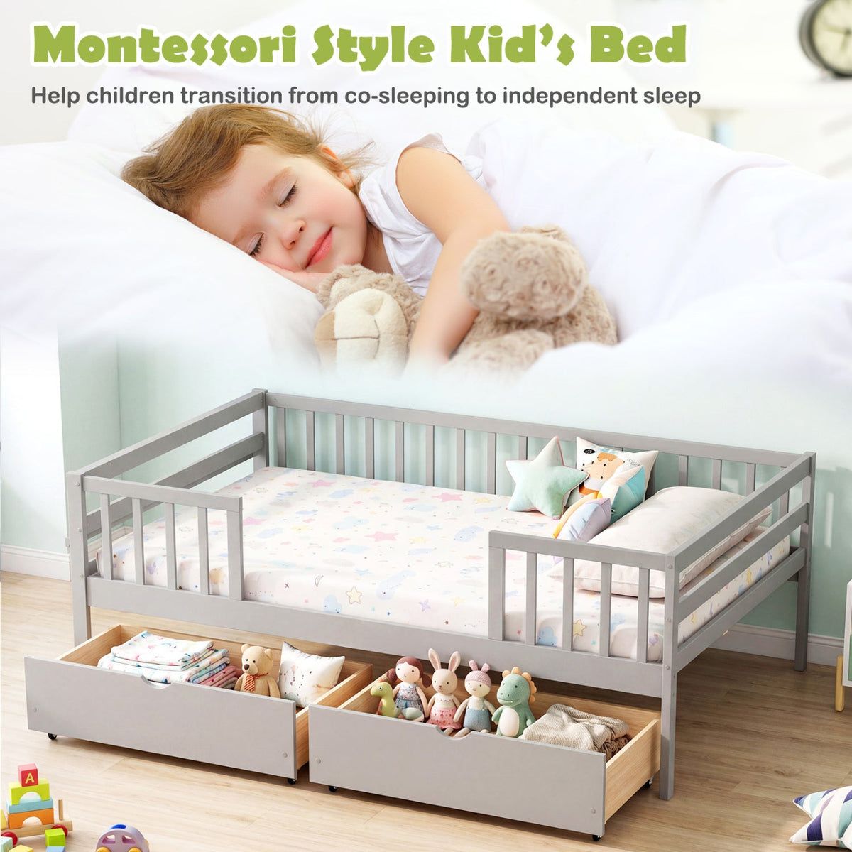 Full Size Daybed with Fence and 2 Drawers for Boys and Girls-Trundle Bed Frame-DECOROLALA