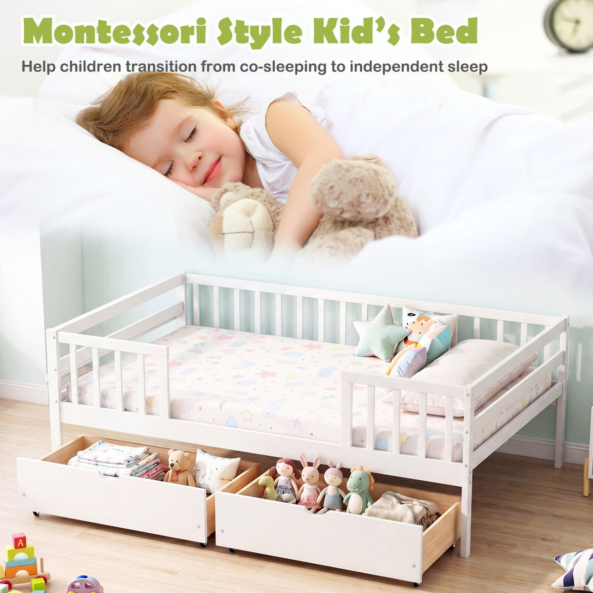 Full Size Daybed with Fence and 2 Drawers for Boys and Girls-Trundle Bed Frame-DECOROLALA