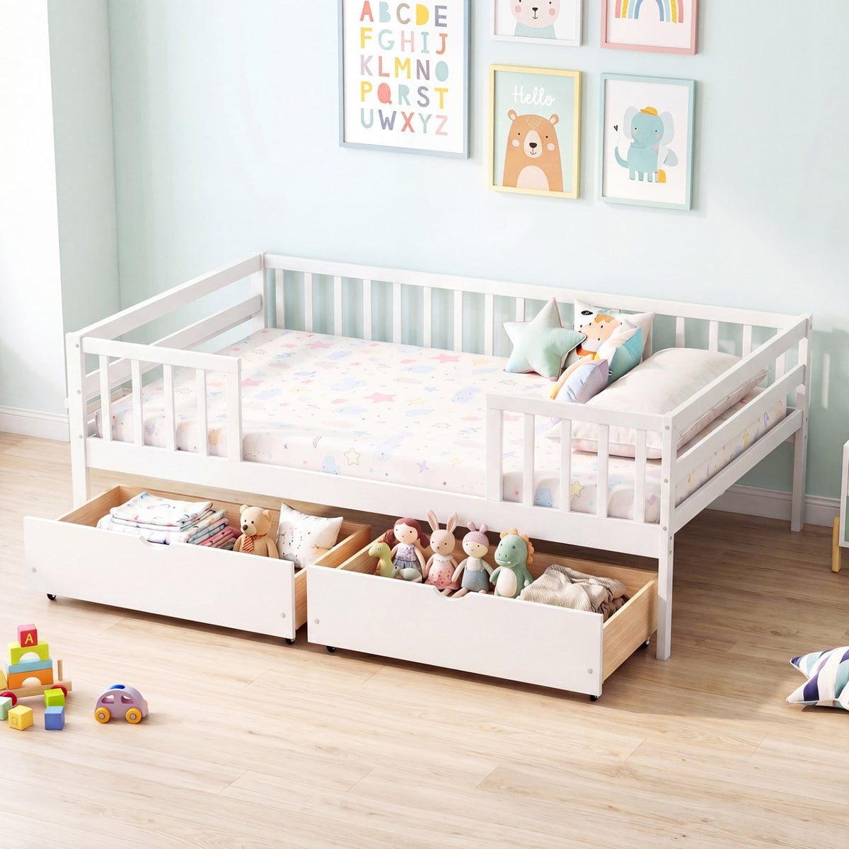 Full Size Daybed with Fence and 2 Drawers for Boys and Girls-Trundle Bed Frame-DECOROLALA