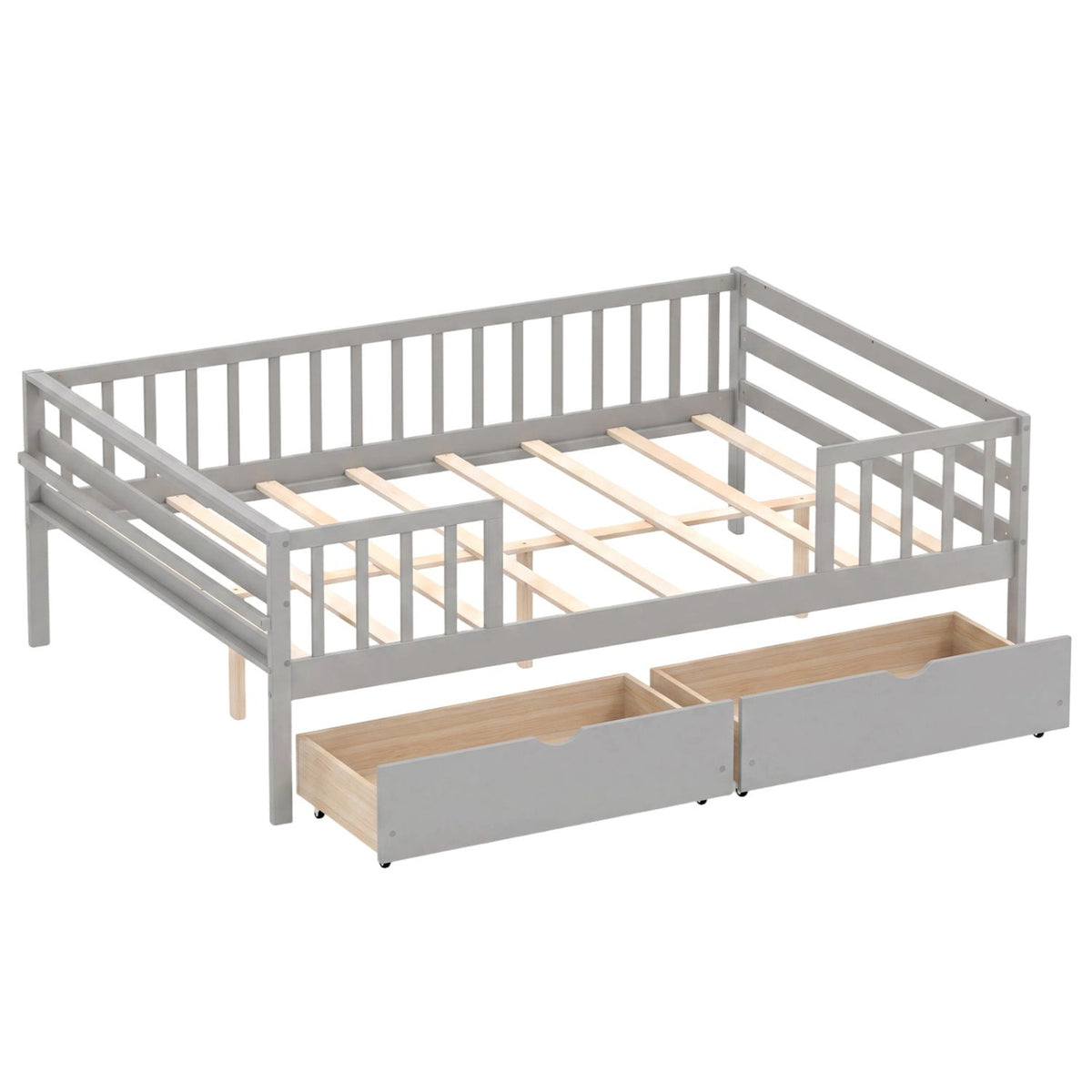 Full Size Daybed with Fence and 2 Drawers for Boys and Girls-Trundle Bed Frame-DECOROLALA