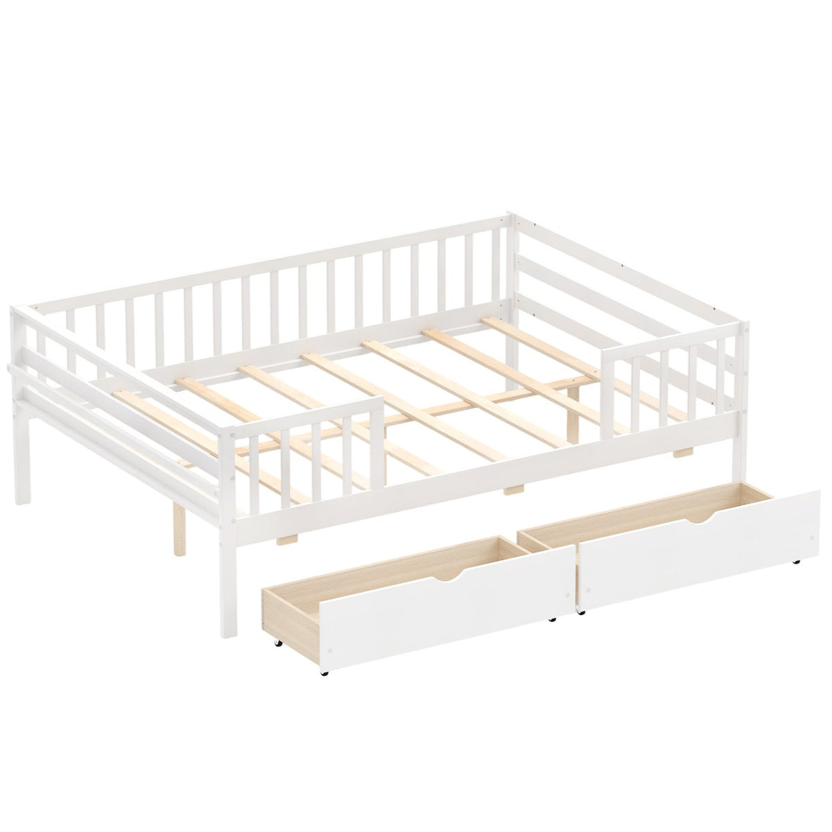 Full Size Daybed with Fence and 2 Drawers for Boys and Girls-Trundle Bed Frame-DECOROLALA