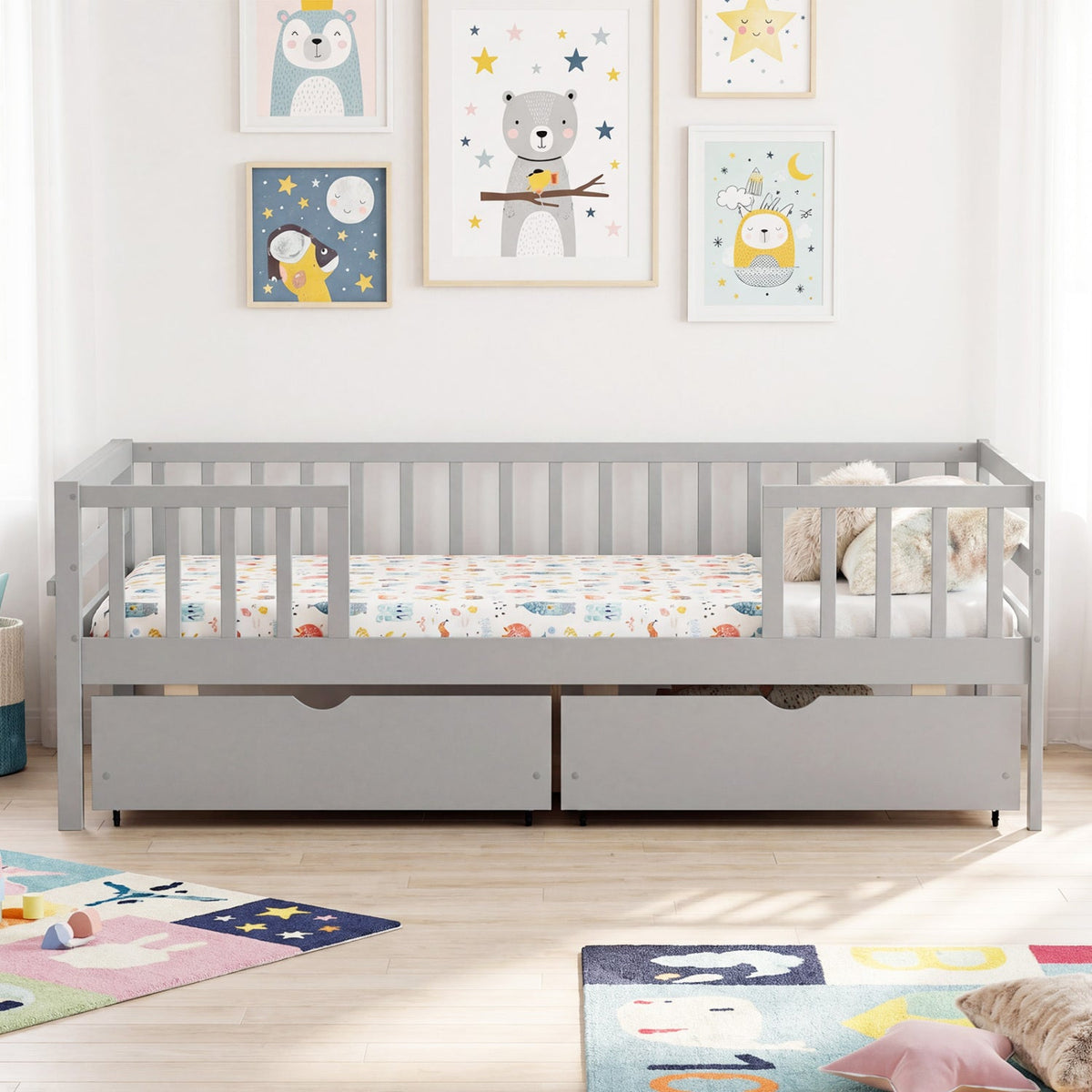 Full Size Daybed with Fence and 2 Drawers for Boys and Girls-Trundle Bed Frame-DECOROLALA
