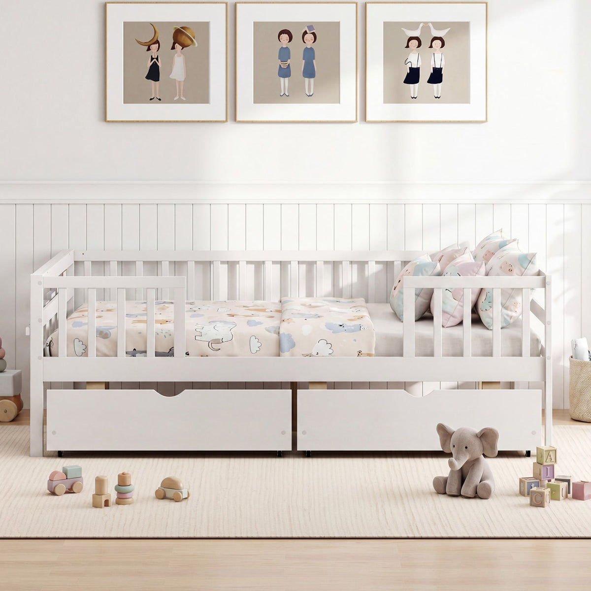 Full Size Daybed with Fence and 2 Drawers for Boys and Girls-Trundle Bed Frame-DECOROLALA