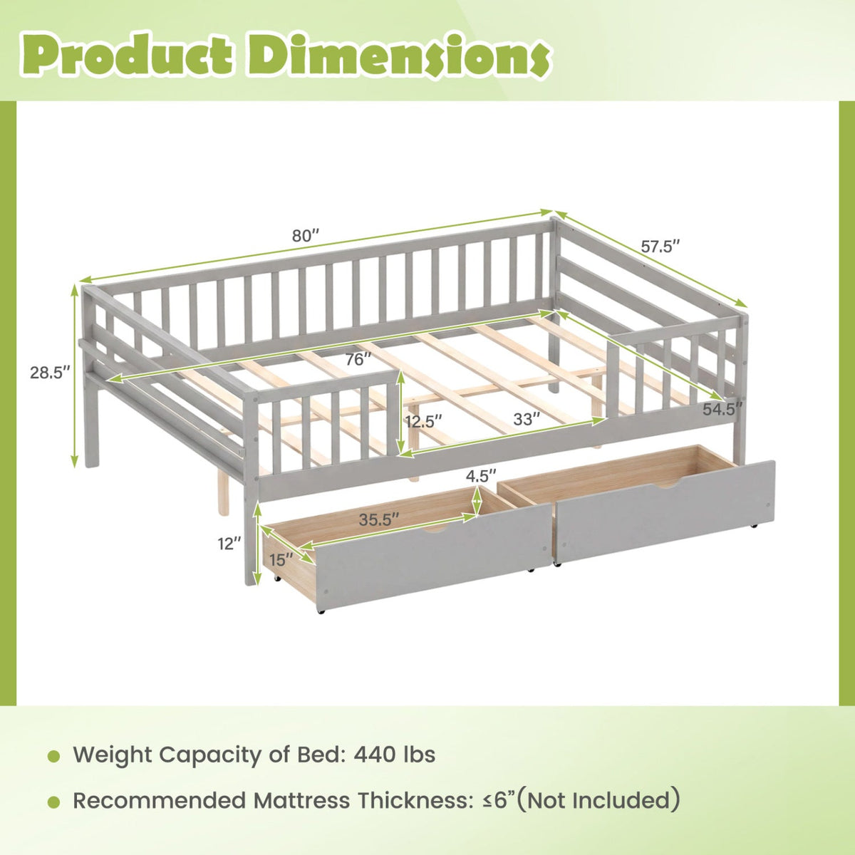 Full Size Daybed with Fence and 2 Drawers for Boys and Girls-Trundle Bed Frame-DECOROLALA