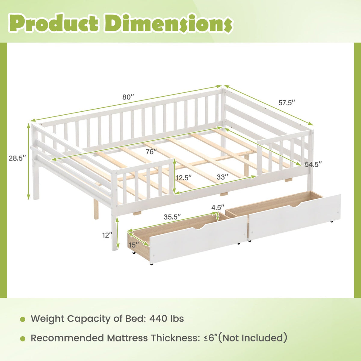 Full Size Daybed with Fence and 2 Drawers for Boys and Girls-Trundle Bed Frame-DECOROLALA