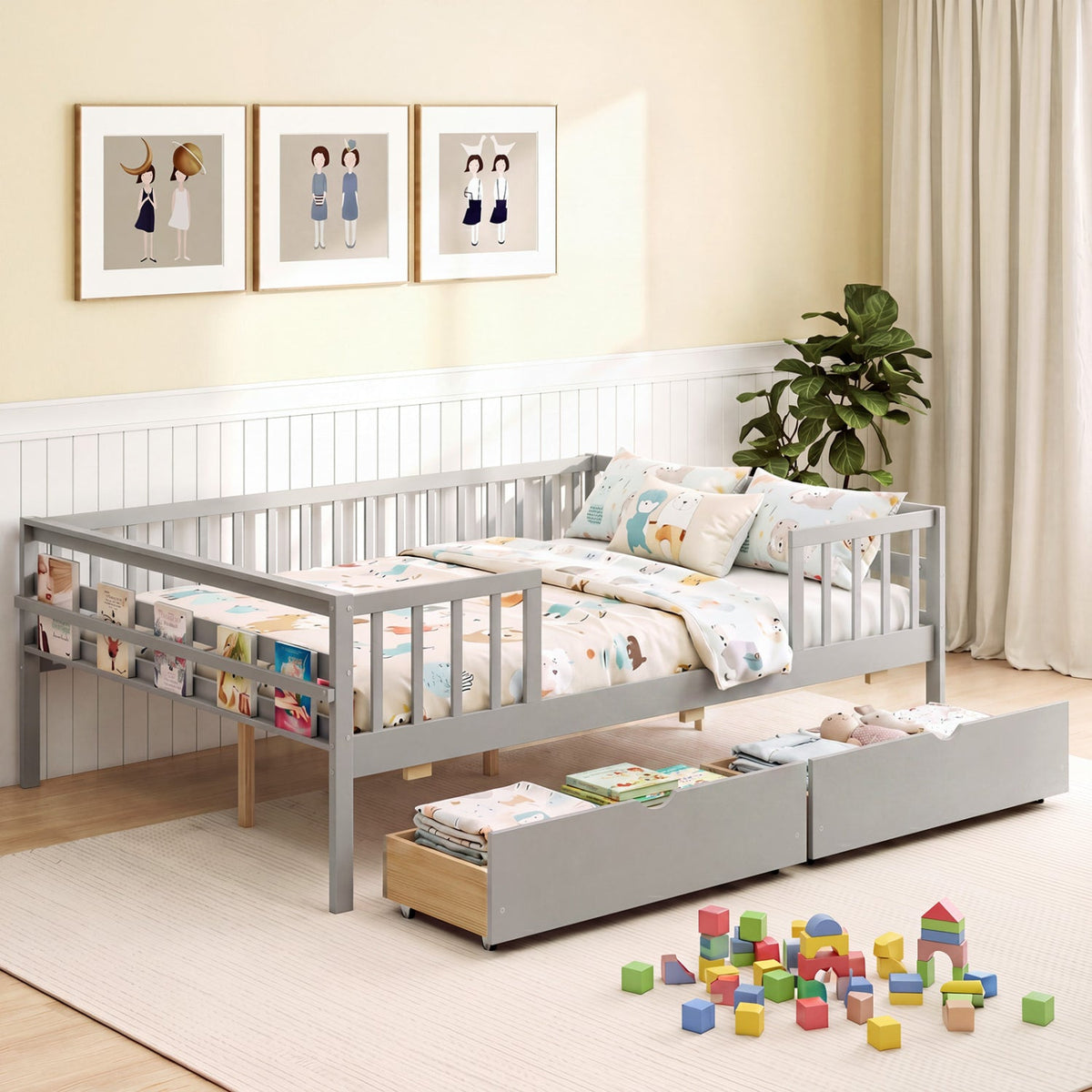 Full Size Daybed with Fence and 2 Drawers for Boys and Girls-Trundle Bed Frame-DECOROLALA