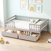 Full Size Daybed with Fence and 2 Drawers for Boys and Girls-Trundle Bed Frame-DECOROLALA