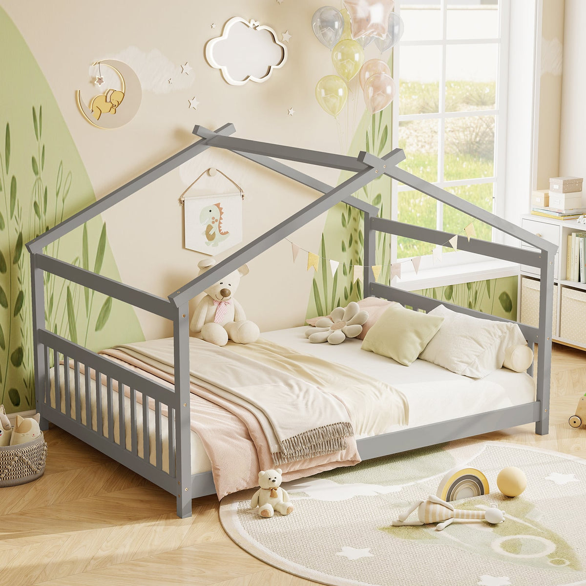 Full Size House Bed Montessori Floor Bed with Headboard-Gray-Simple Bed Frame-DECOROLALA