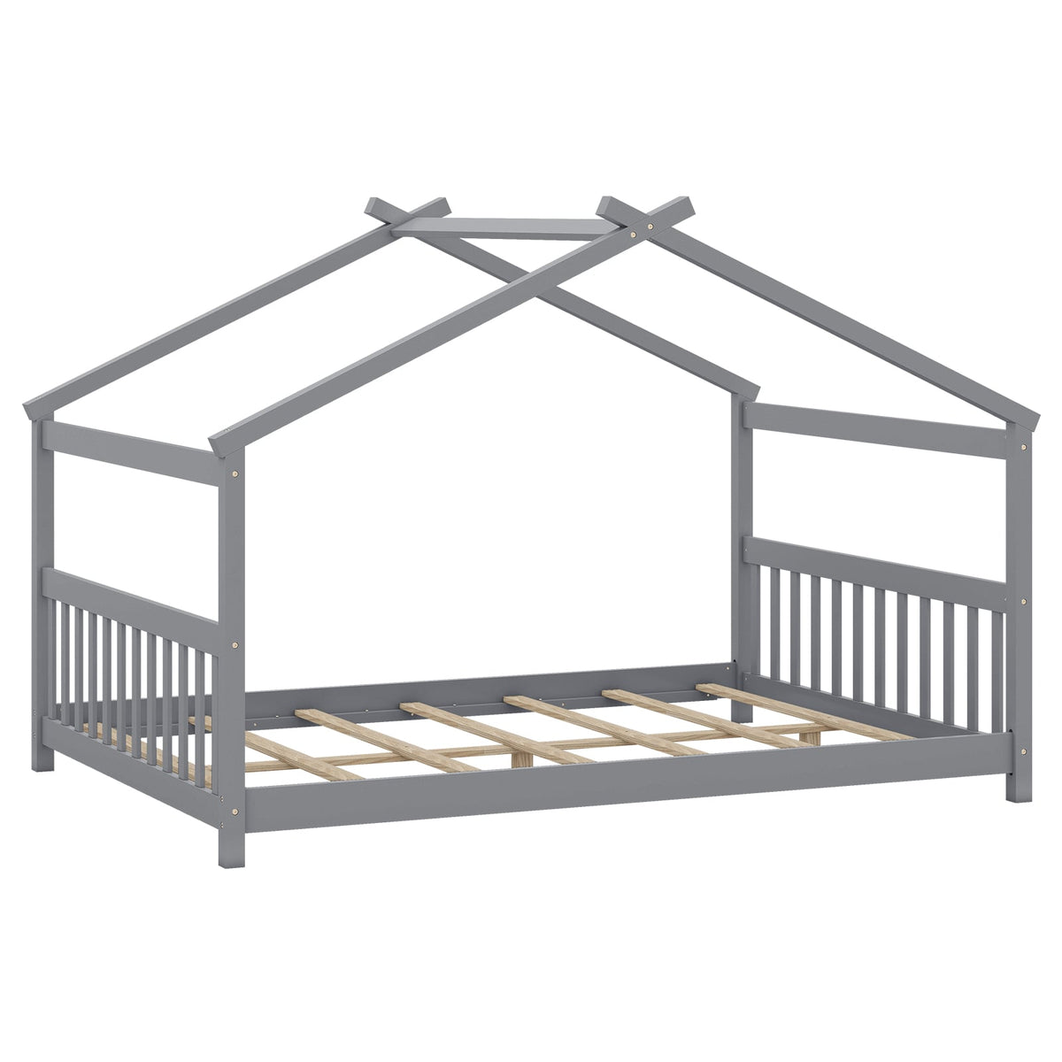 Full Size House Bed Montessori Floor Bed with Headboard-Gray-Simple Bed Frame-DECOROLALA