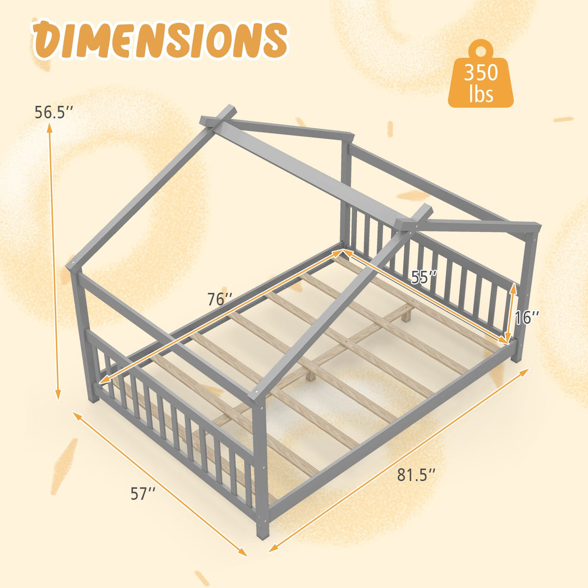 Full Size House Bed Montessori Floor Bed with Headboard-Gray-Simple Bed Frame-DECOROLALA