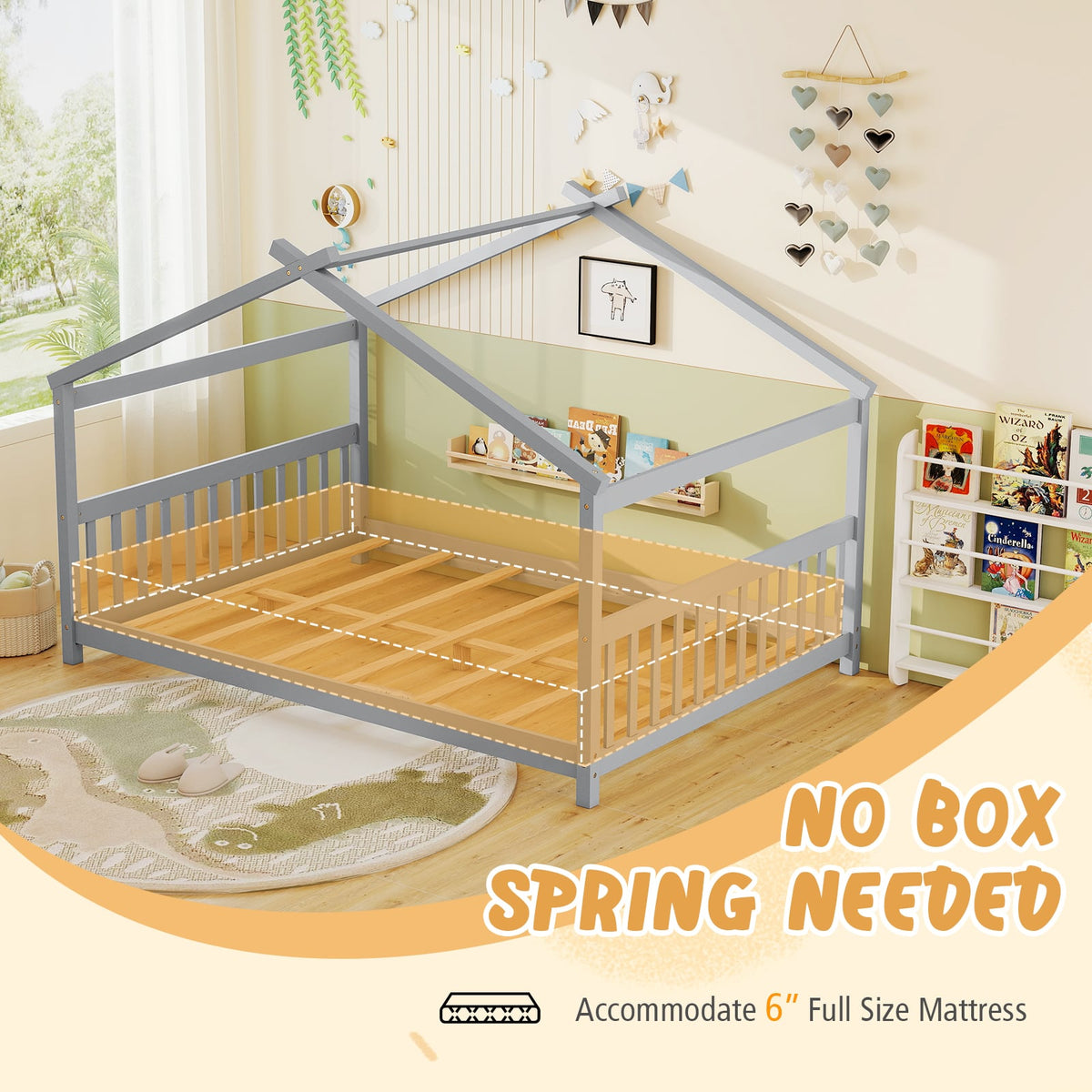 Full Size House Bed Montessori Floor Bed with Headboard-Gray-Simple Bed Frame-DECOROLALA