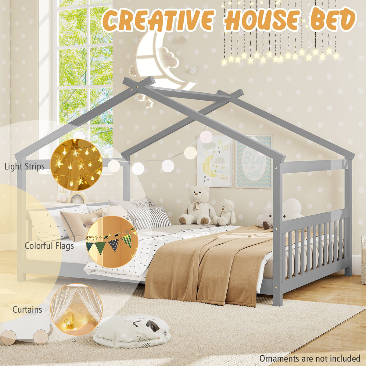 Full Size House Bed Montessori Floor Bed with Headboard-Gray-Simple Bed Frame-DECOROLALA