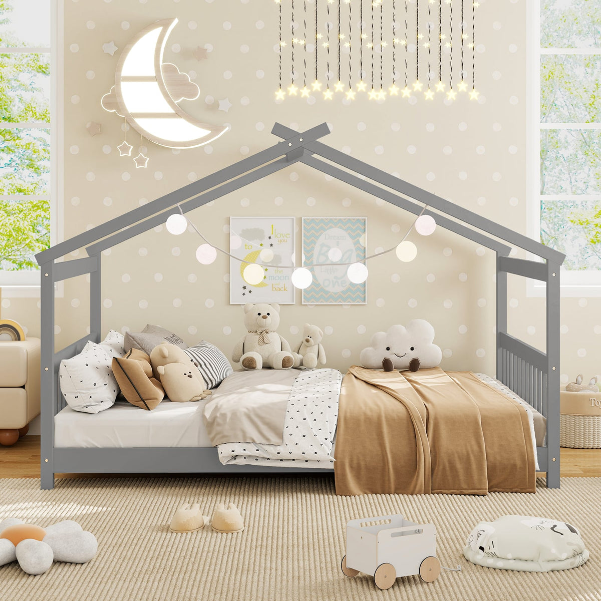 Full Size House Bed Montessori Floor Bed with Headboard-Gray-Simple Bed Frame-DECOROLALA