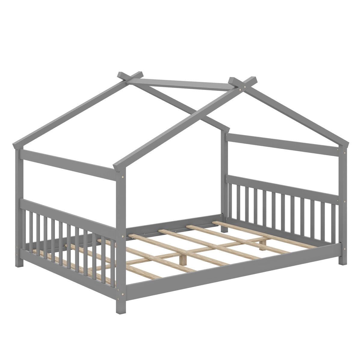 Full Size House Bed Montessori Floor Bed with Headboard-Gray-Simple Bed Frame-DECOROLALA