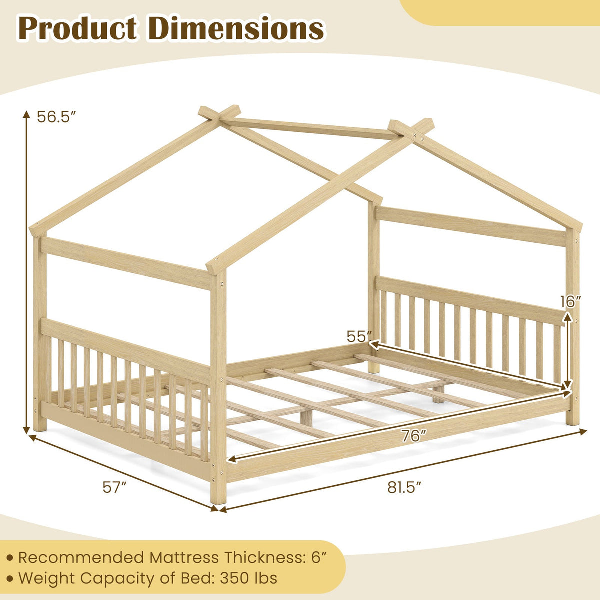Full Size House Bed Montessori Floor Bed with Headboard-Simple Bed Frame-DECOROLALA