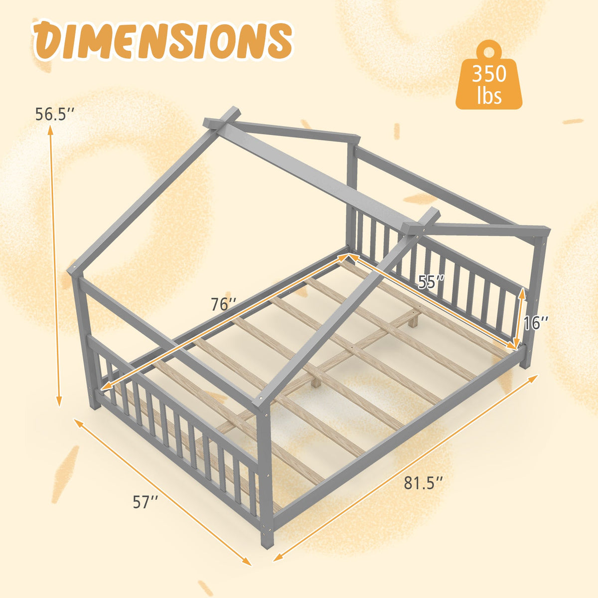 Full Size House Bed Montessori Floor Bed with Headboard-Simple Bed Frame-DECOROLALA