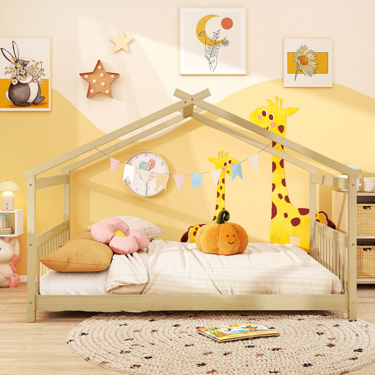 Full Size House Bed Montessori Floor Bed with Headboard-Simple Bed Frame-DECOROLALA