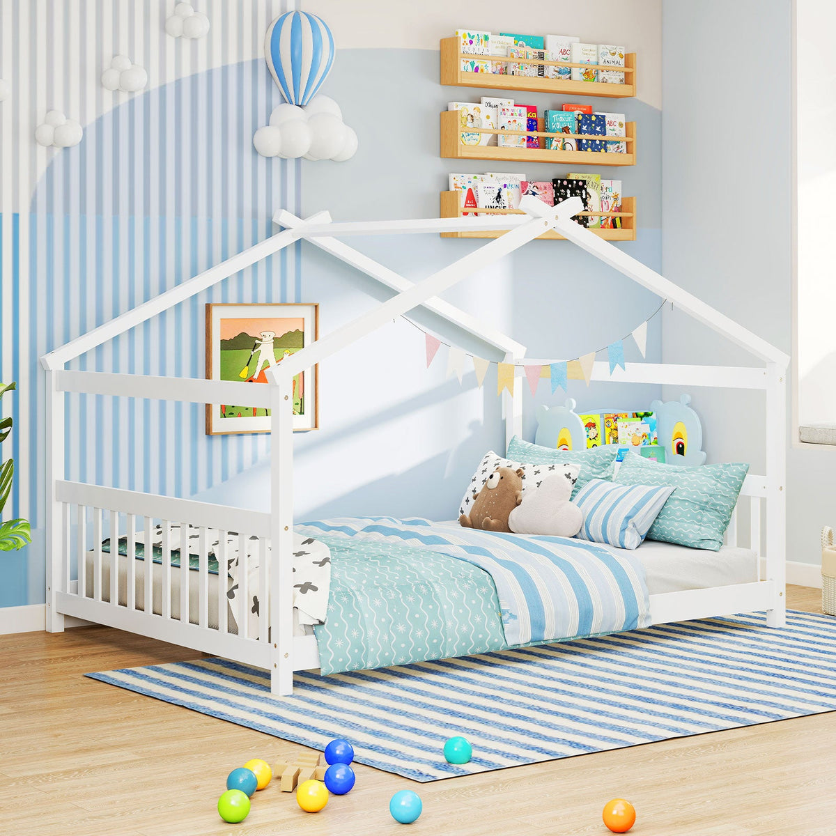 Full Size House Bed Montessori Floor Bed with Headboard-Simple Bed Frame-DECOROLALA