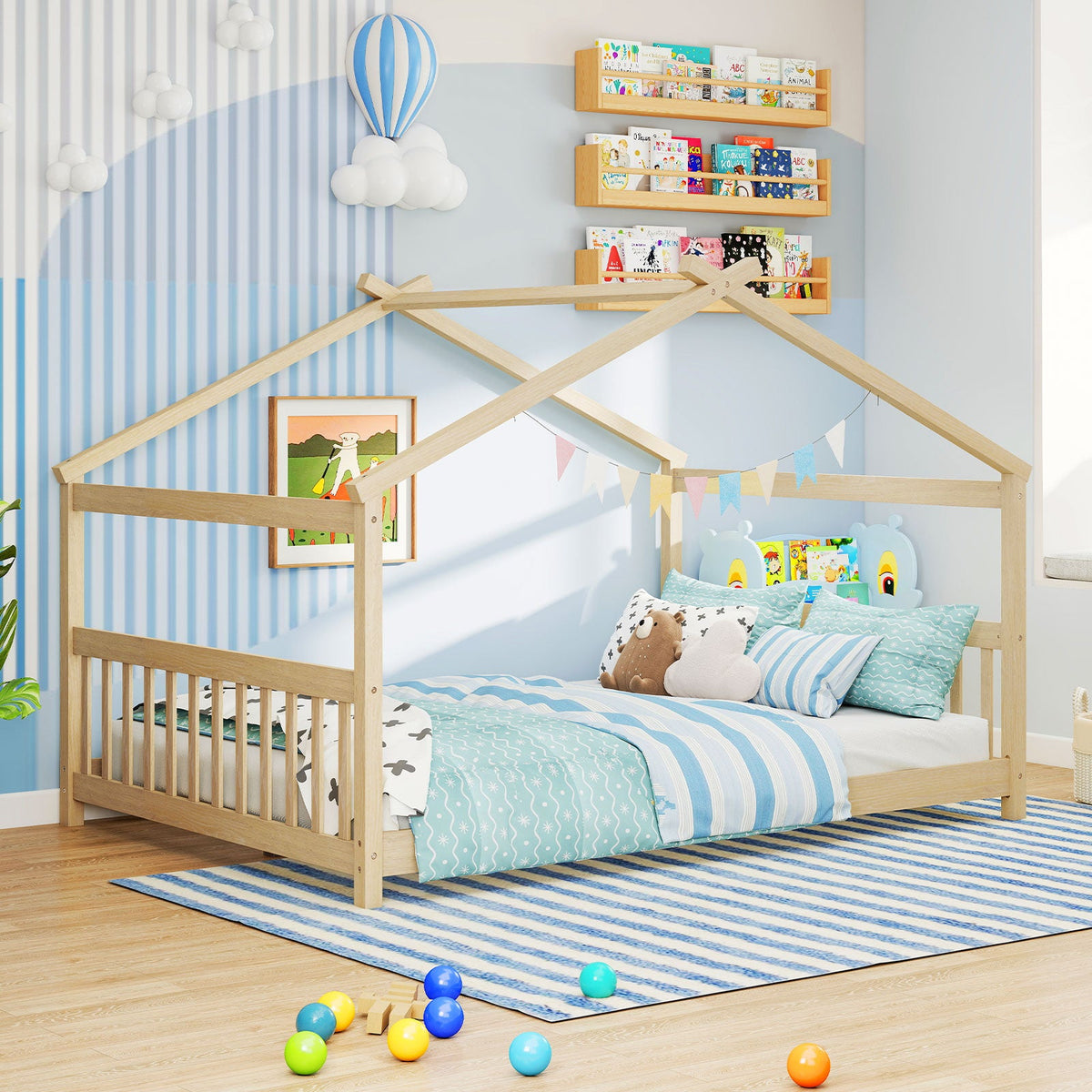 Full Size House Bed Montessori Floor Bed with Headboard-Simple Bed Frame-DECOROLALA