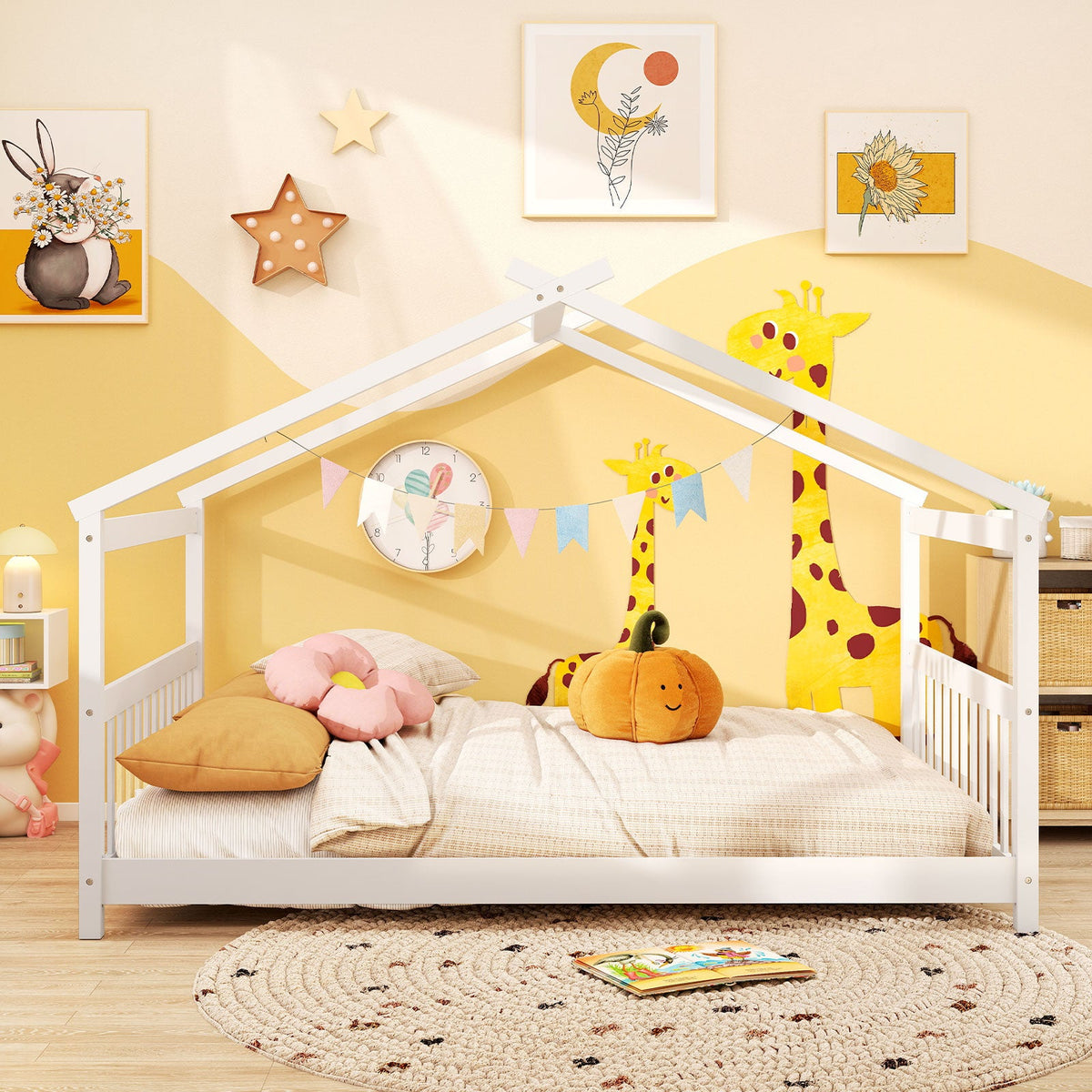 Full Size House Bed Montessori Floor Bed with Headboard-Simple Bed Frame-DECOROLALA