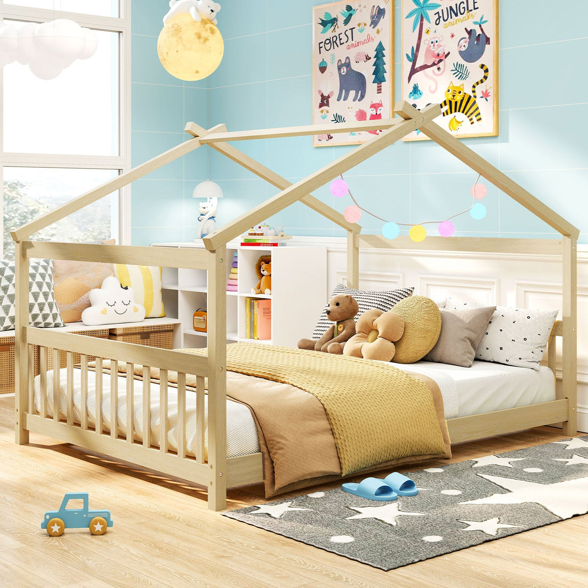 Full Size House Bed Montessori Floor Bed with Headboard-Simple Bed Frame-DECOROLALA