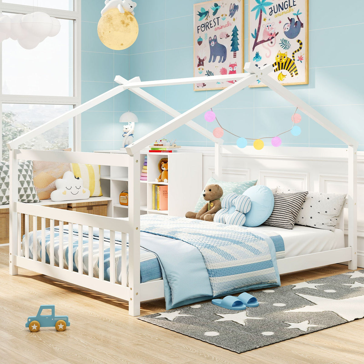 Full Size House Bed Montessori Floor Bed with Headboard-Simple Bed Frame-DECOROLALA