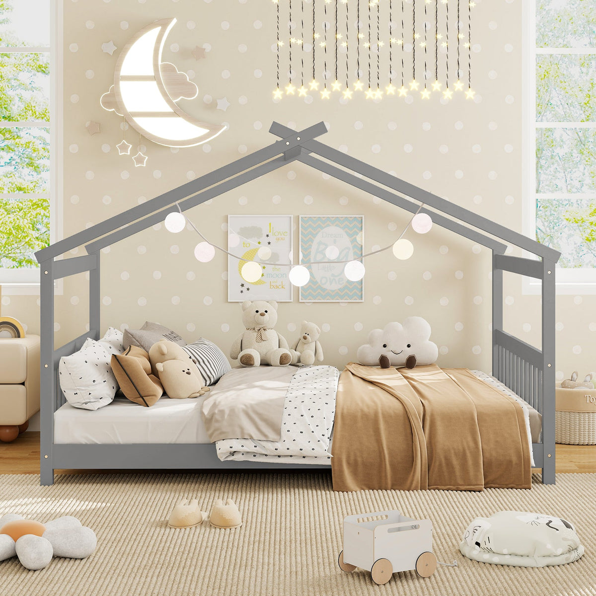 Full Size House Bed Montessori Floor Bed with Headboard-Simple Bed Frame-DECOROLALA