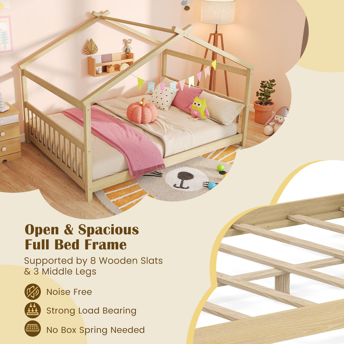 Full Size House Bed Montessori Floor Bed with Headboard-Simple Bed Frame-DECOROLALA