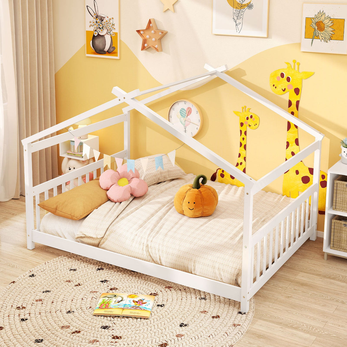 Full Size House Bed Montessori Floor Bed with Headboard-Simple Bed Frame-DECOROLALA