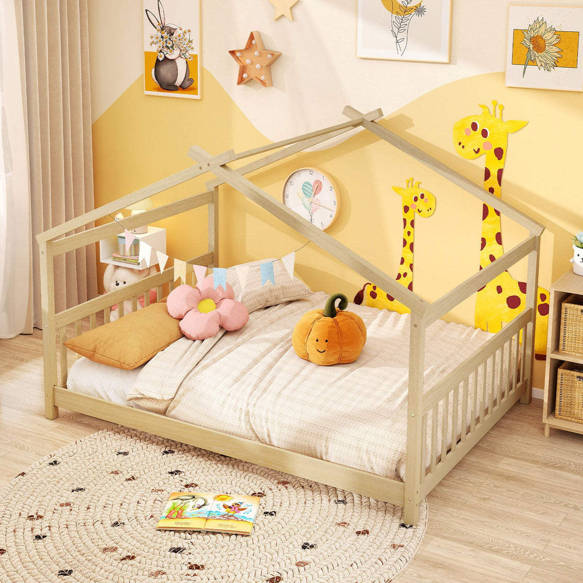 Full Size House Bed Montessori Floor Bed with Headboard-Simple Bed Frame-DECOROLALA
