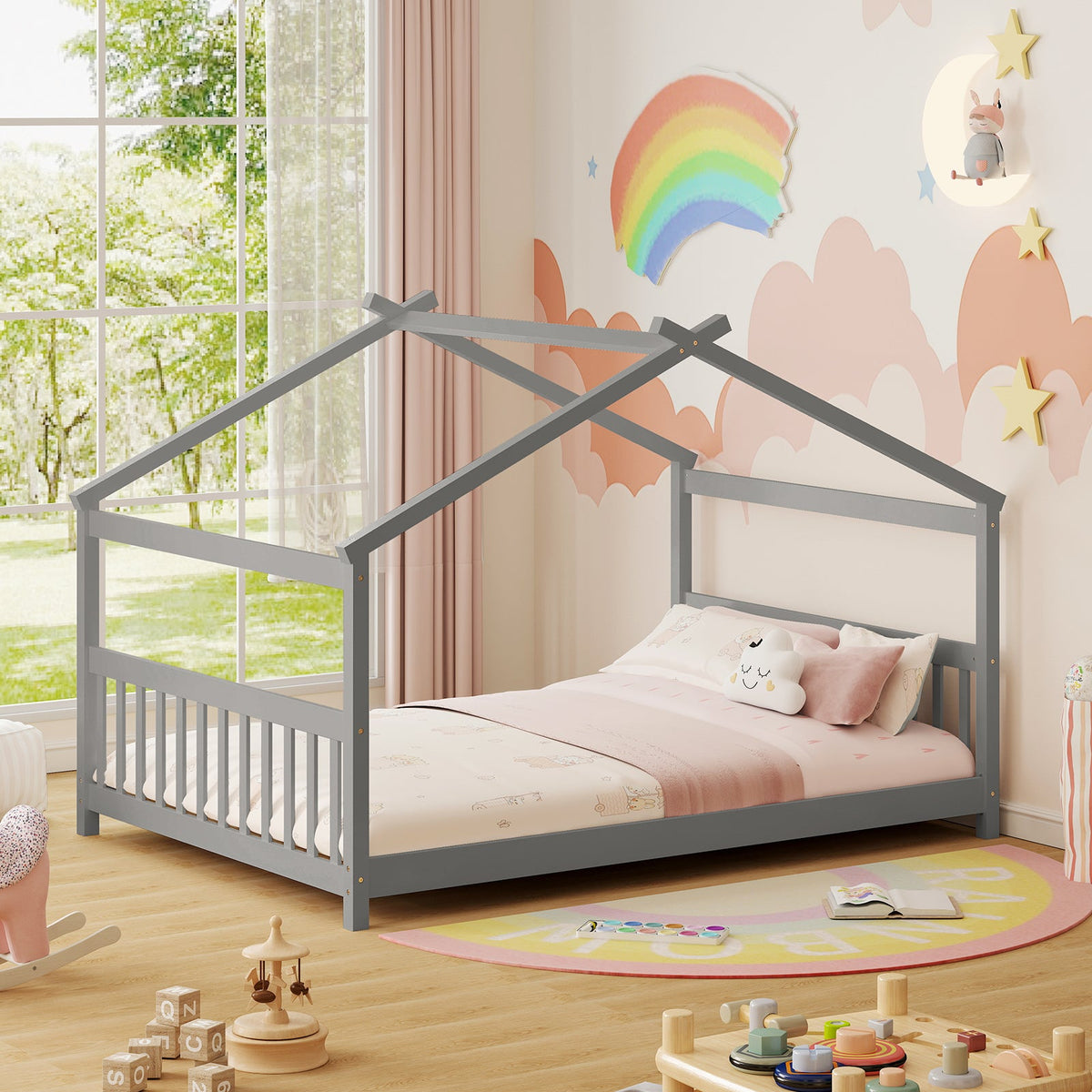 Full Size House Bed Montessori Floor Bed with Headboard-Simple Bed Frame-DECOROLALA