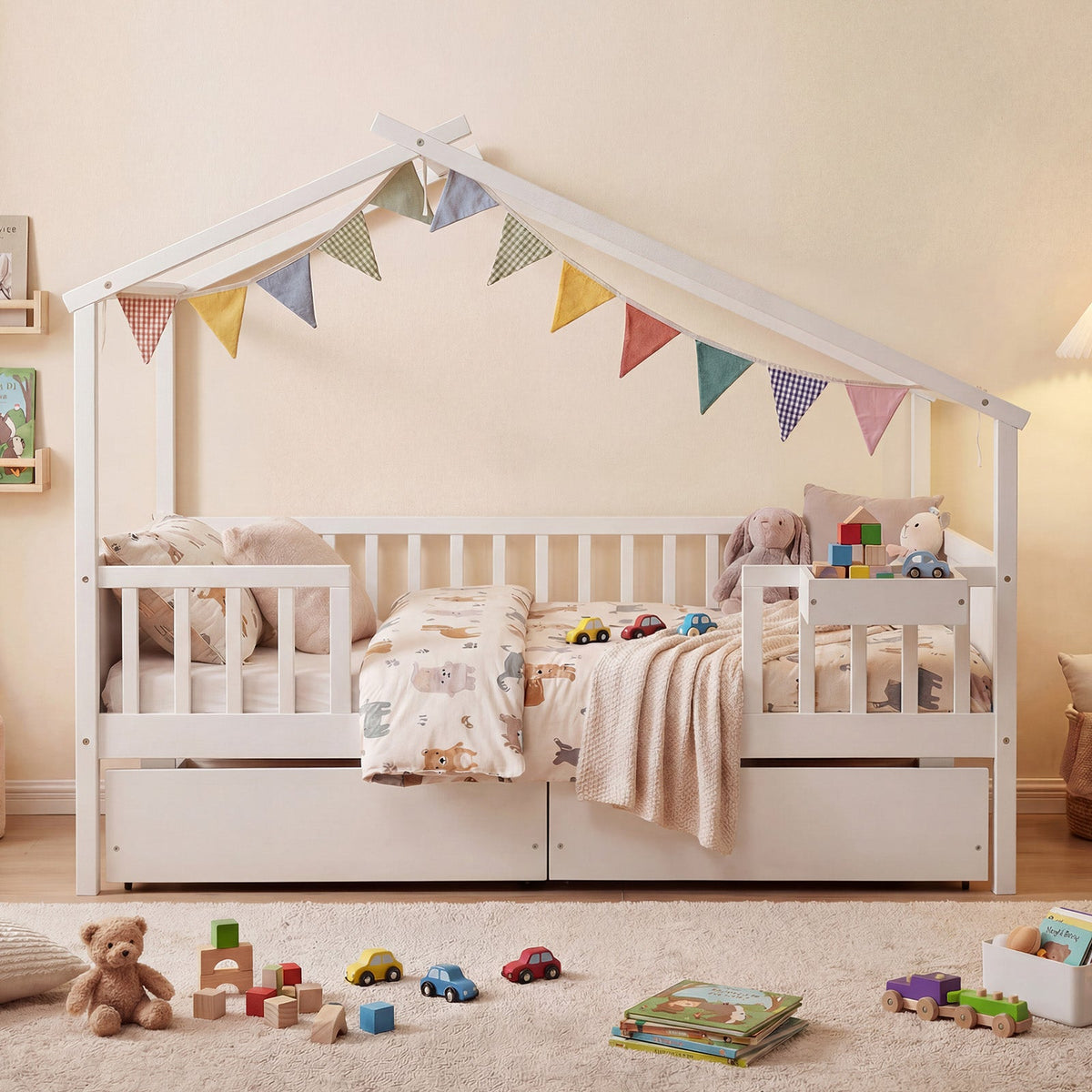 Full Size House Bed with Roof and Fence Rails for Kid-Simple Bed Frame-DECOROLALA