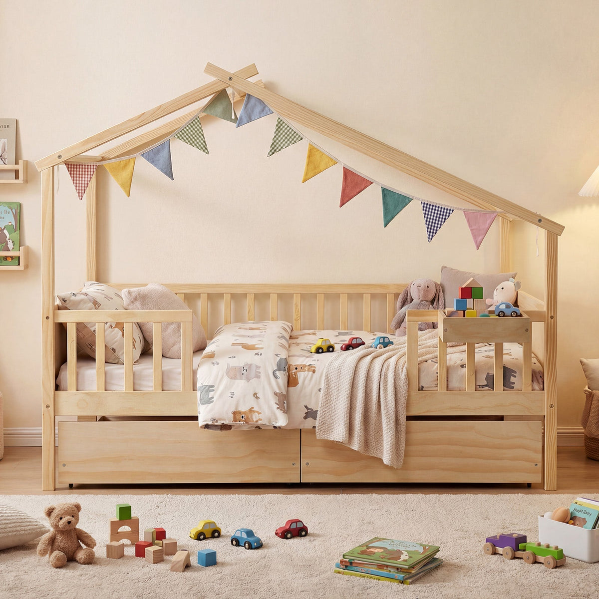 Full Size House Bed with Roof and Fence Rails for Kid-Simple Bed Frame-DECOROLALA