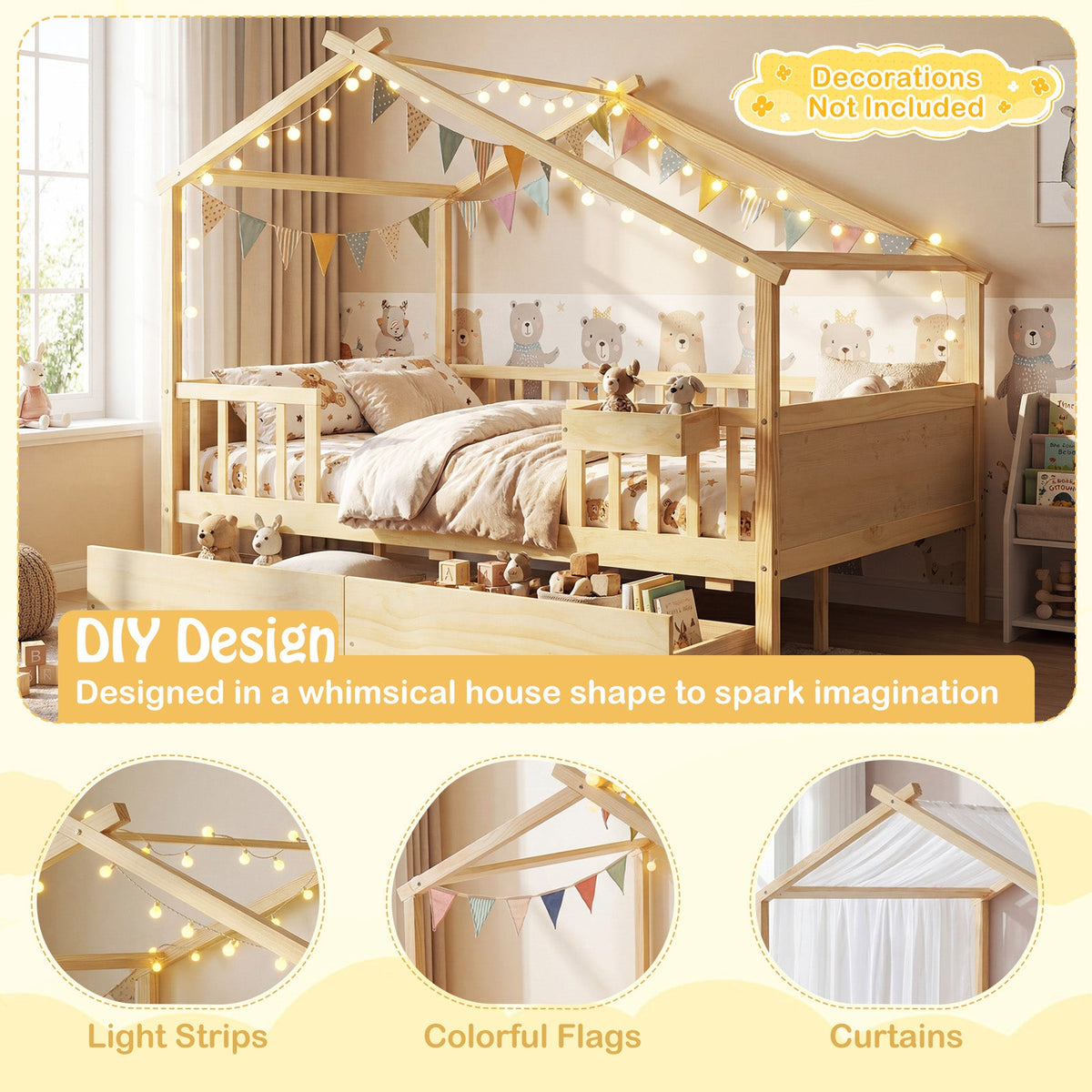 Full Size House Bed with Roof and Fence Rails for Kid-Simple Bed Frame-DECOROLALA