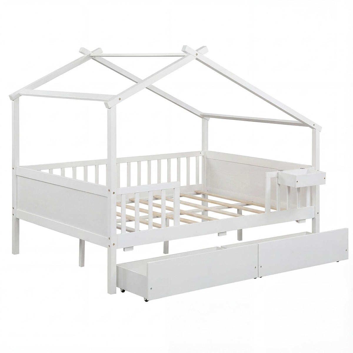 Full Size House Bed with Roof and Fence Rails for Kid-Simple Bed Frame-DECOROLALA
