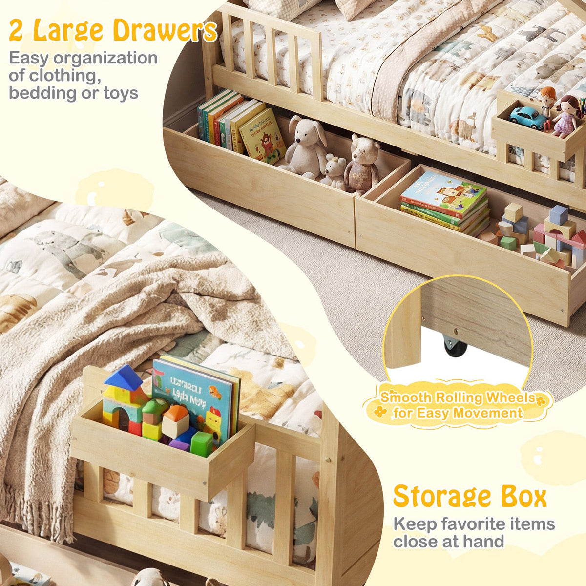 Full Size House Bed with Roof and Fence Rails for Kid-Simple Bed Frame-DECOROLALA