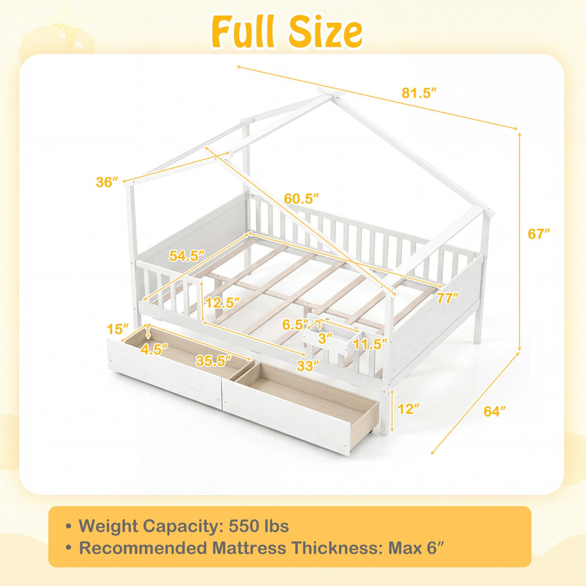 Full Size House Bed with Roof and Fence Rails for Kid-Simple Bed Frame-DECOROLALA