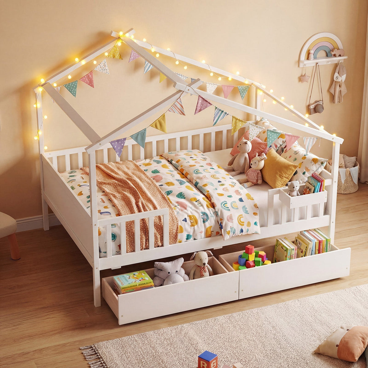 Full Size House Bed with Roof and Fence Rails for Kid-Simple Bed Frame-DECOROLALA