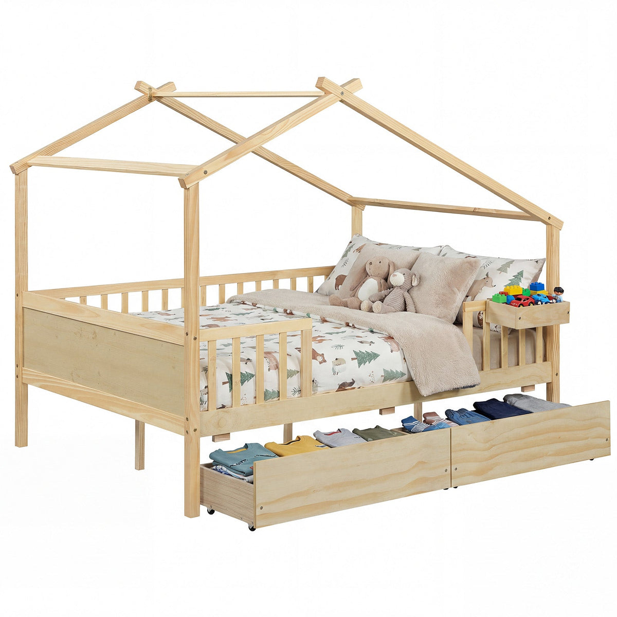 Full Size House Bed with Roof and Fence Rails for Kid-Simple Bed Frame-DECOROLALA