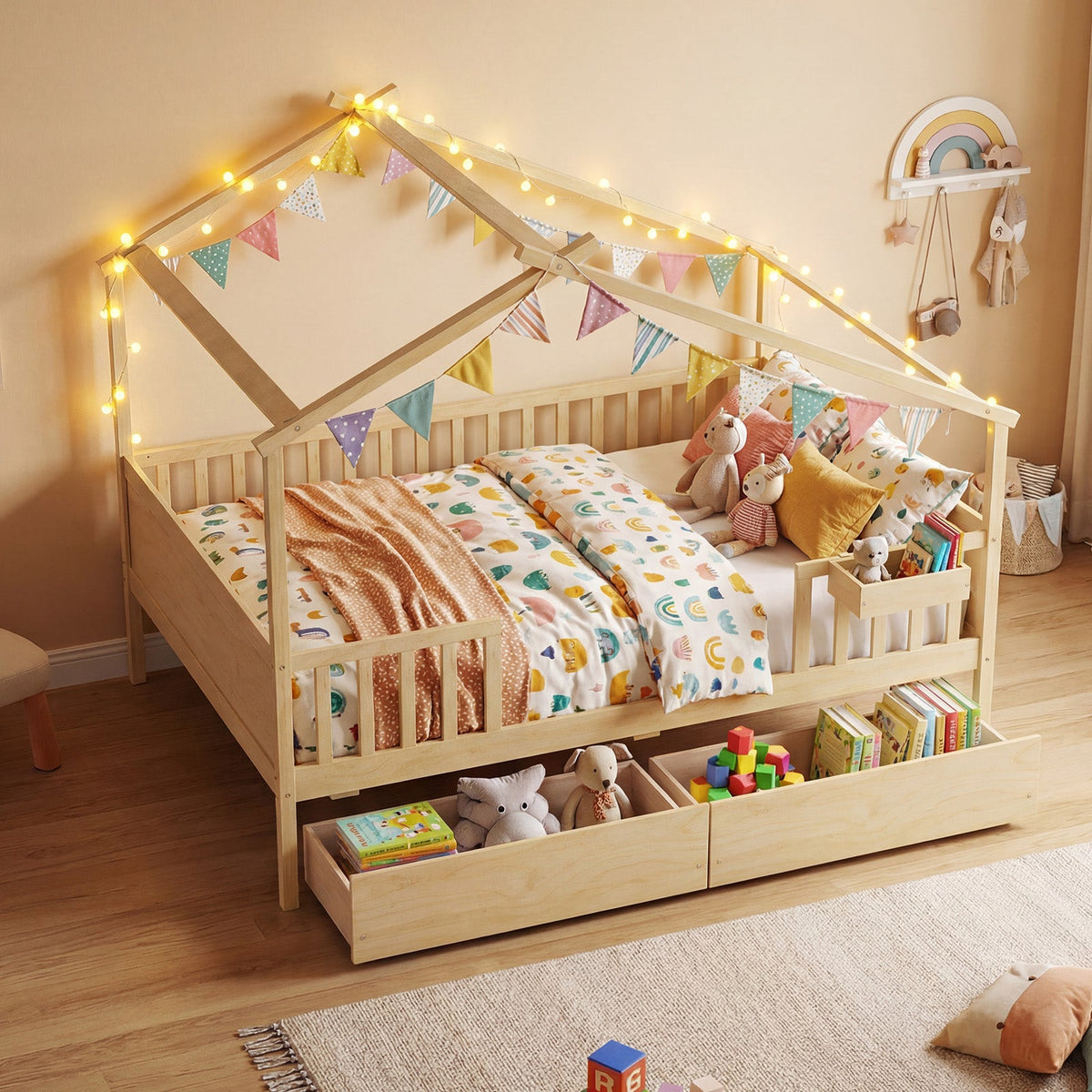 Full Size House Bed with Roof and Fence Rails for Kid-Simple Bed Frame-DECOROLALA