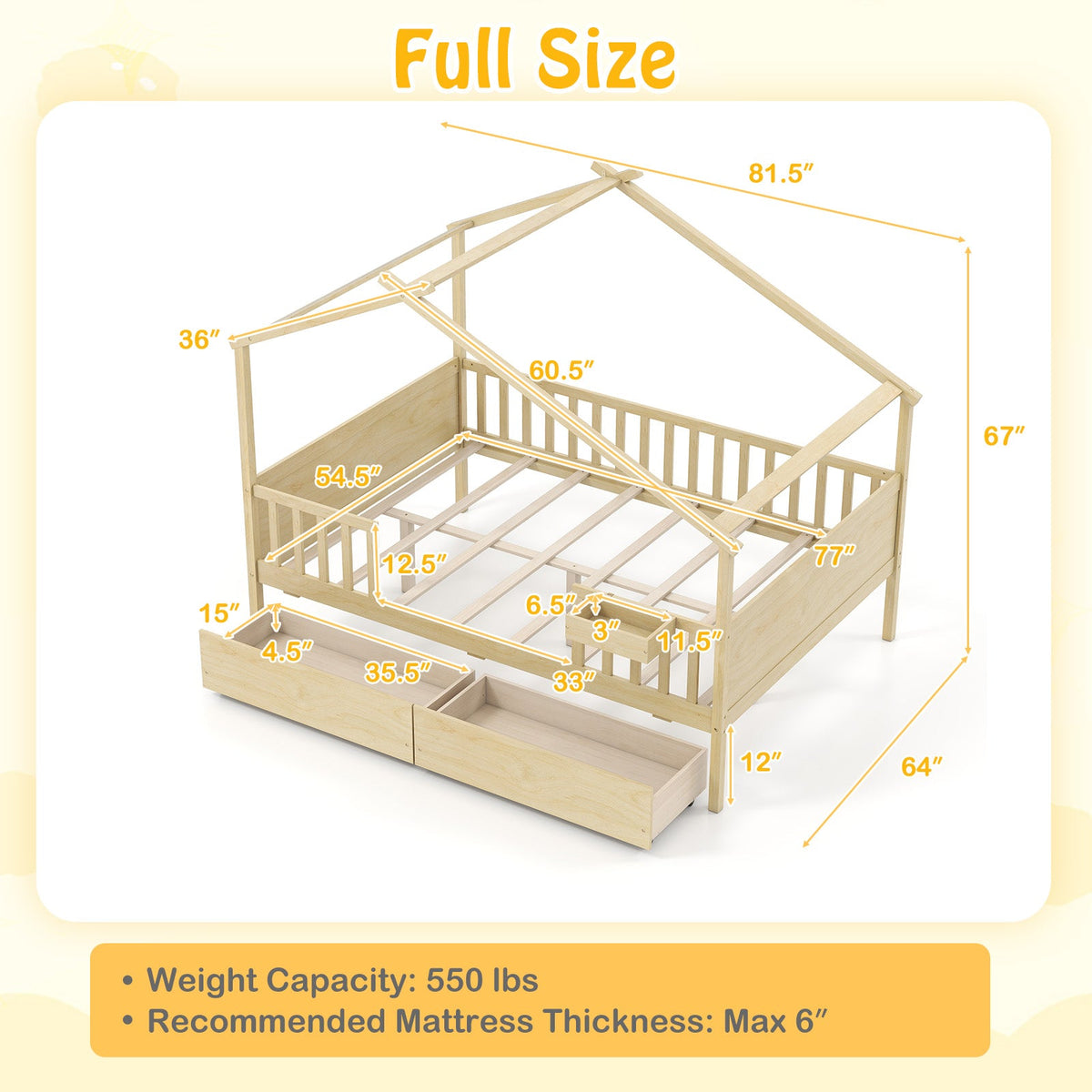 Full Size House Bed with Roof and Fence Rails for Kid-Simple Bed Frame-DECOROLALA