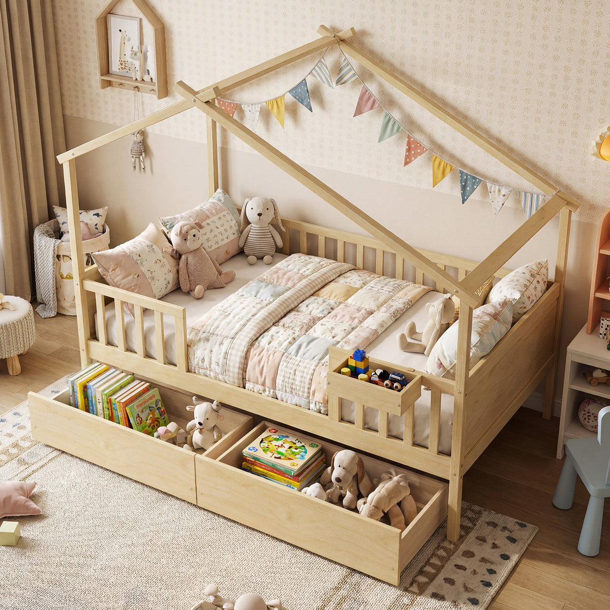 Full Size House Bed with Roof and Fence Rails for Kid-Simple Bed Frame-DECOROLALA