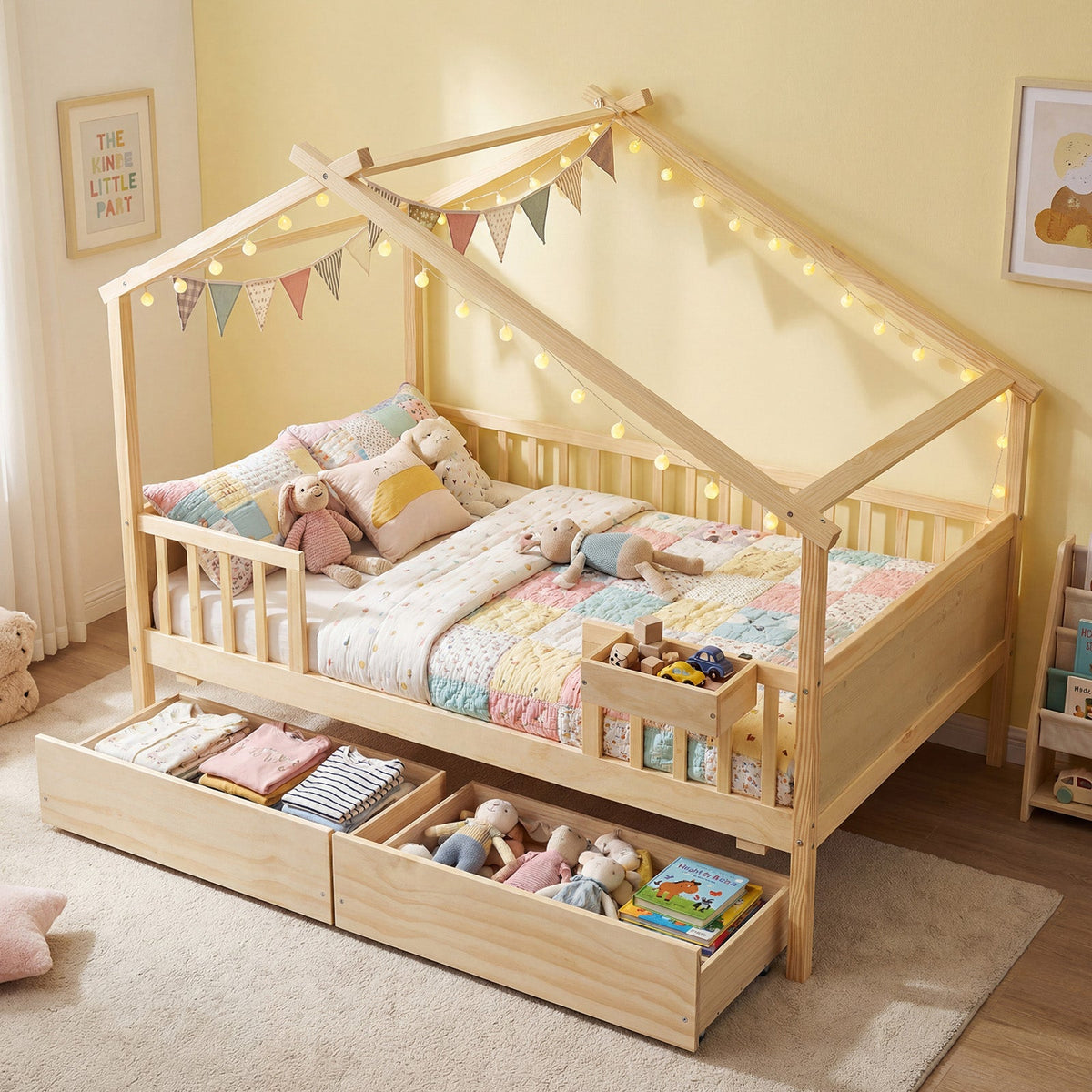 Full Size House Bed with Roof and Fence Rails for Kid-Simple Bed Frame-DECOROLALA