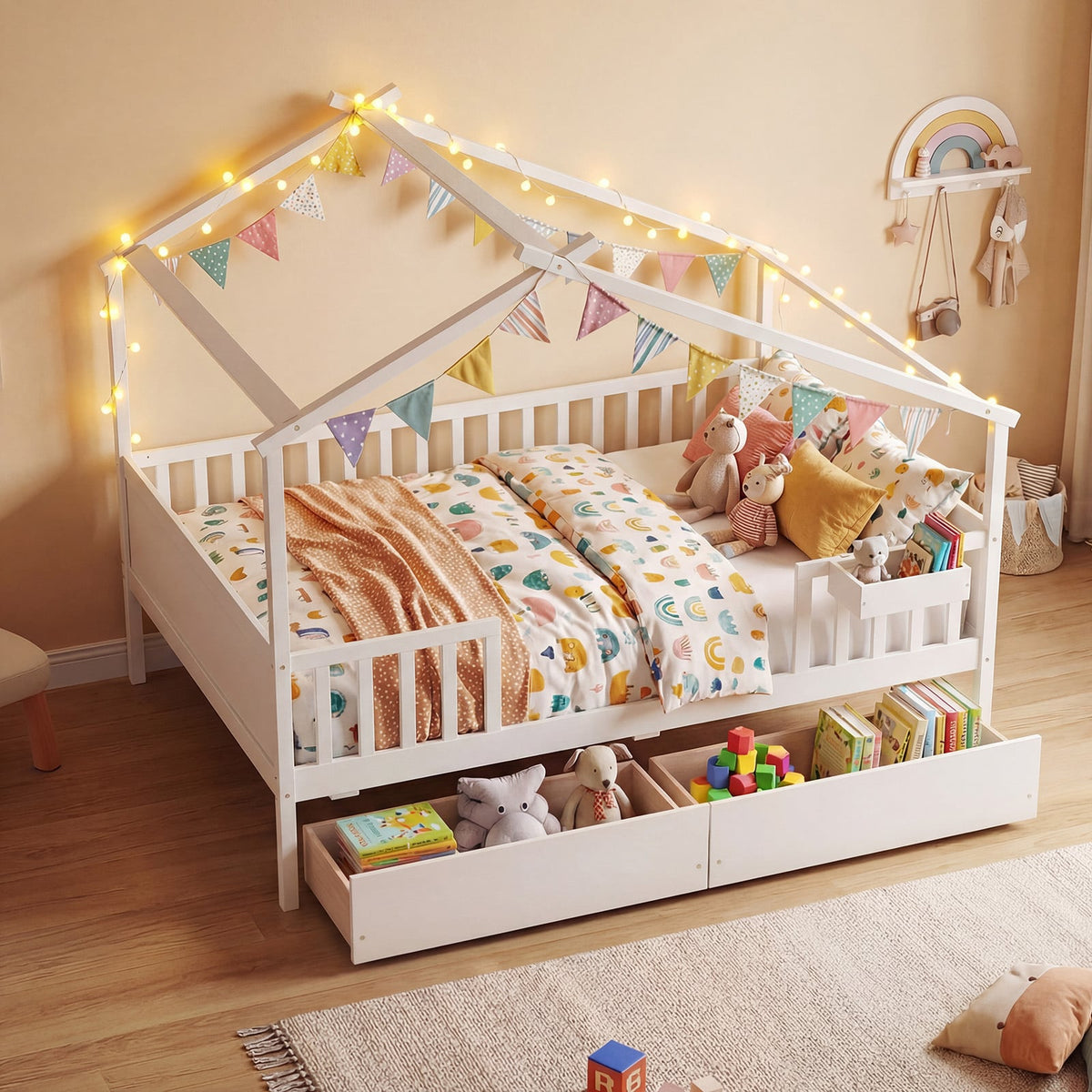 Full Size House Bed with Roof and Fence Rails for Kid-White-Simple Bed Frame-DECOROLALA