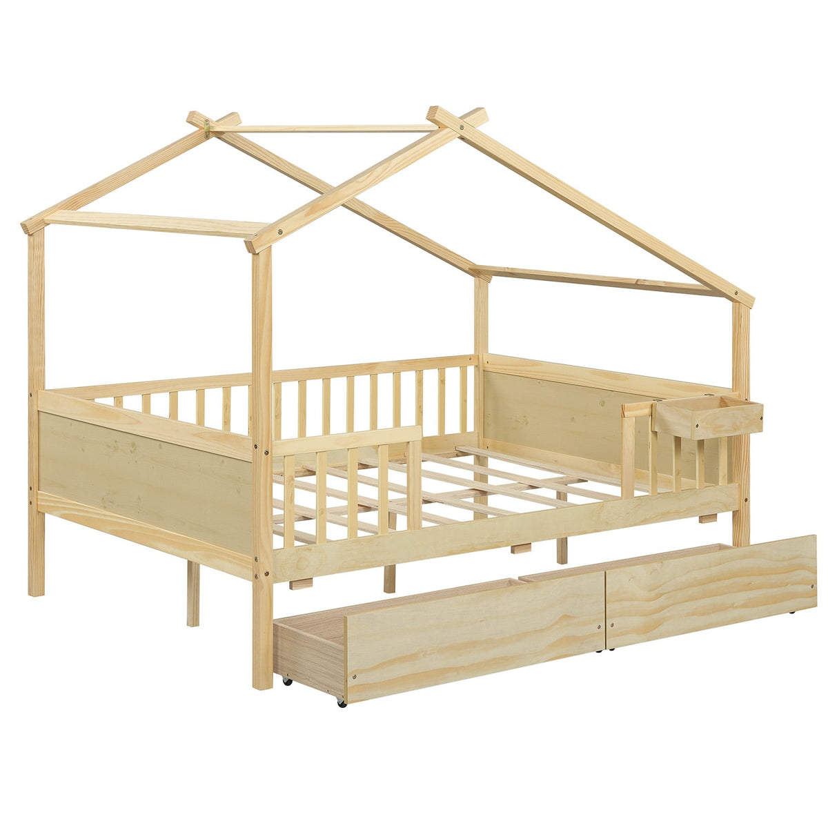 Full Size House Bed with Roof and Fence Rails for Kid-White-Simple Bed Frame-DECOROLALA